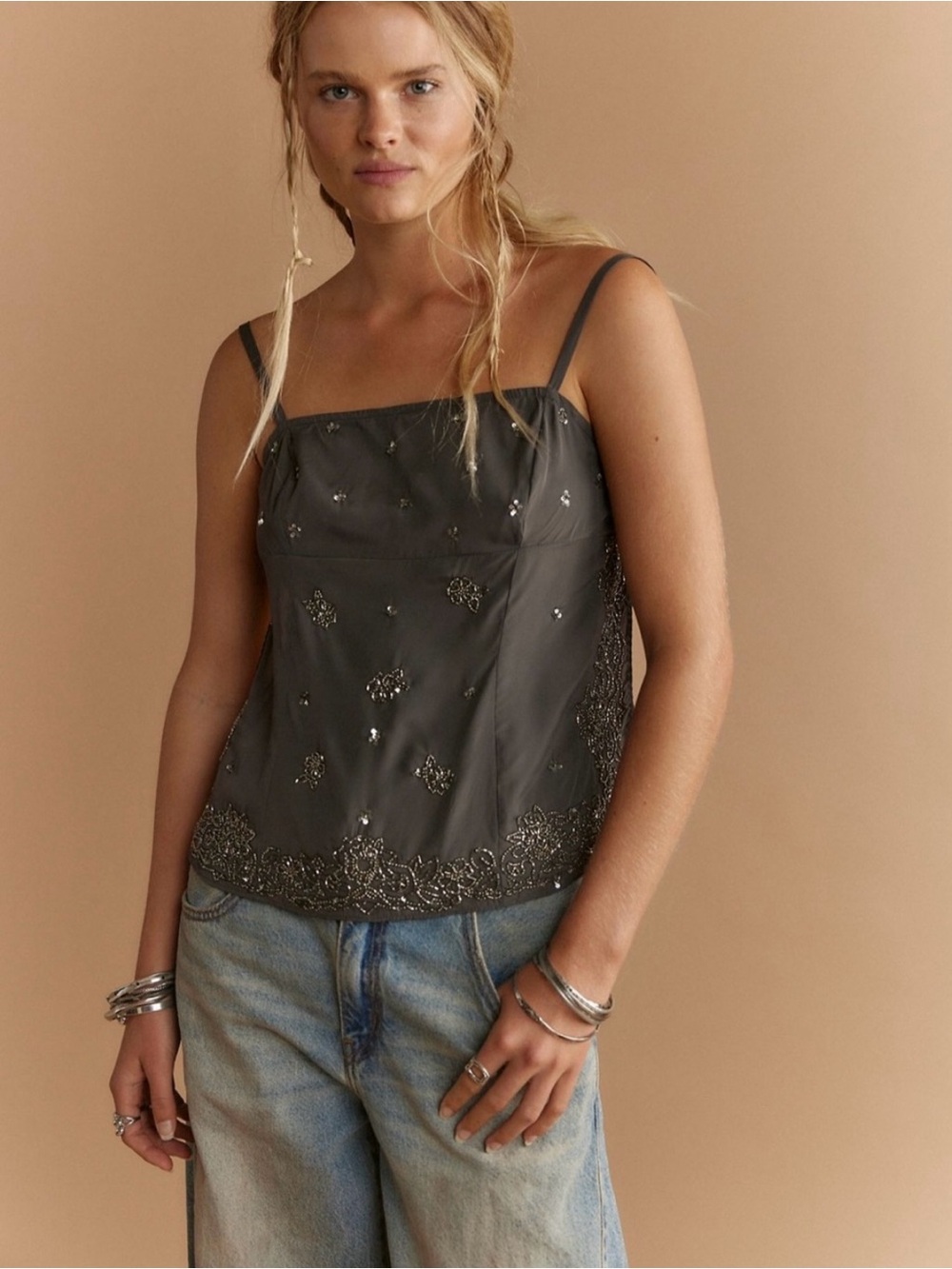 Free People Hot Sauce Embellished Charcoal Camisole Top